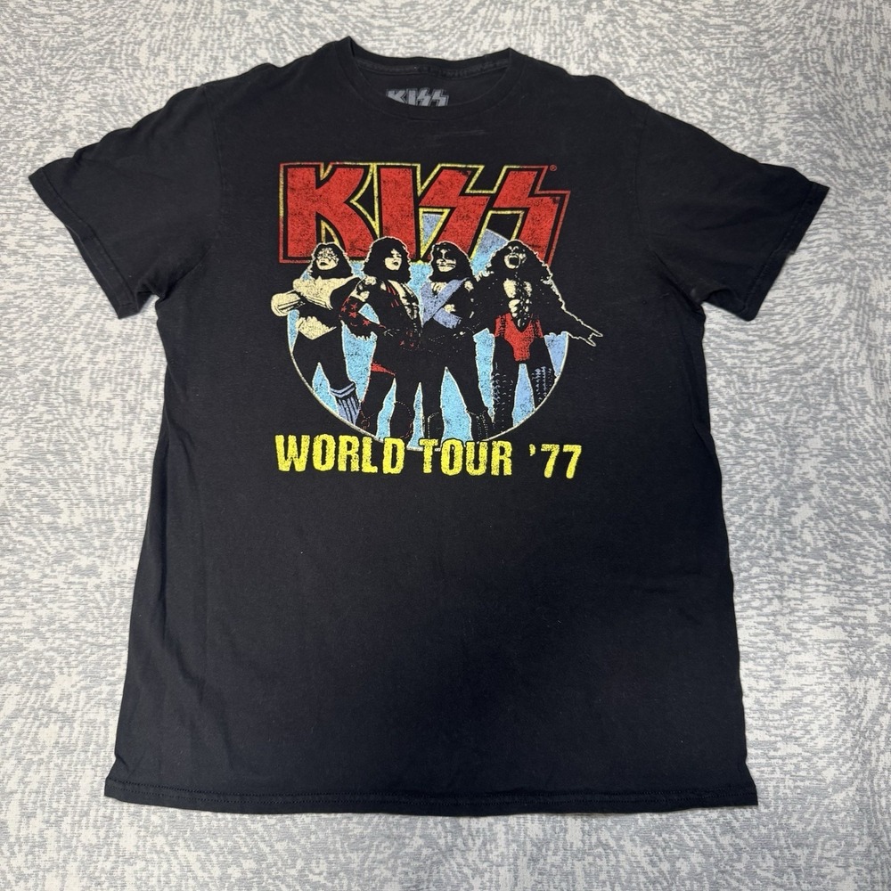 Vintage Style KISS World Tour '77 Black T-Shirt Graphic Band Concert Sz M w/Wear